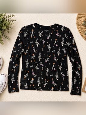 Old Navy Black Long-Sleeve Tee with Skeleton & Accent Prints